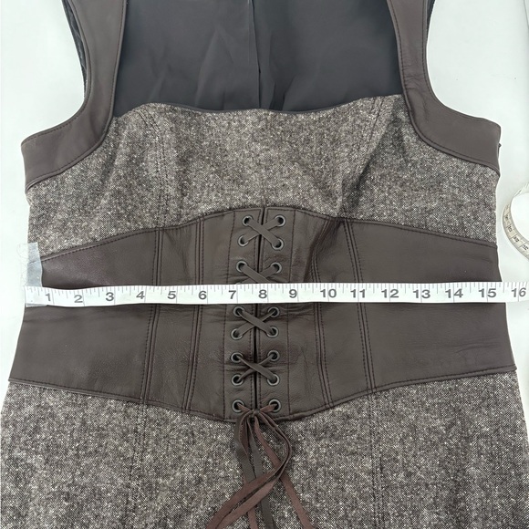 Y2K Bebe Dress Sz 10 Wool Blend Tweed Leather Corset Detail Lace Up Bodycon Slit - Picture 7 of 16